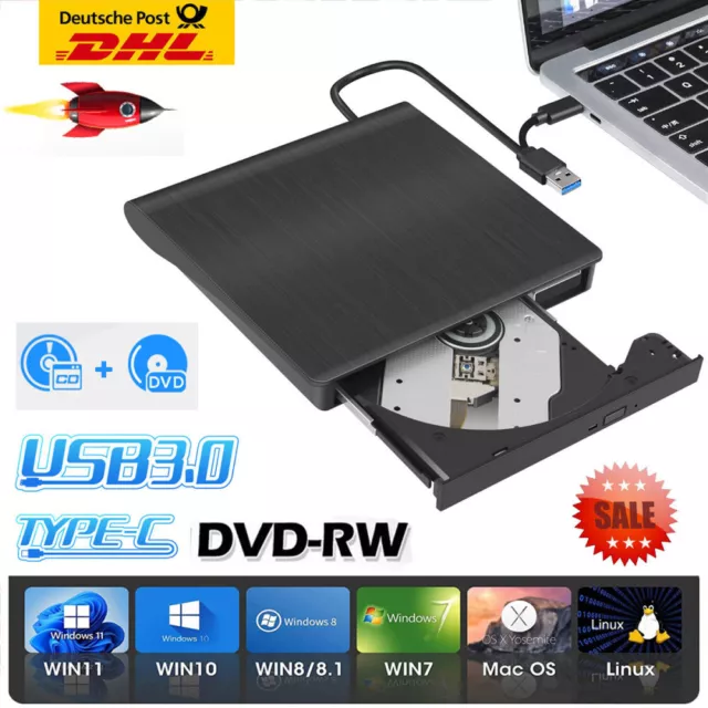 Externe USB 3.0 DVD ROM CD Writer Laufwerk Brenner Reader Player für Laptop PC