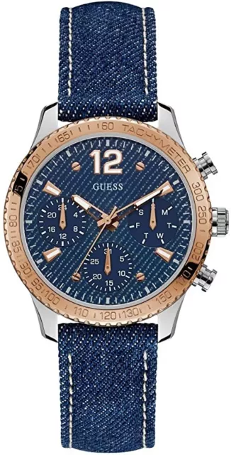 GUESS Women's Rose Gold-Tone and Denim blue strap Multifunction Watch U1057L1