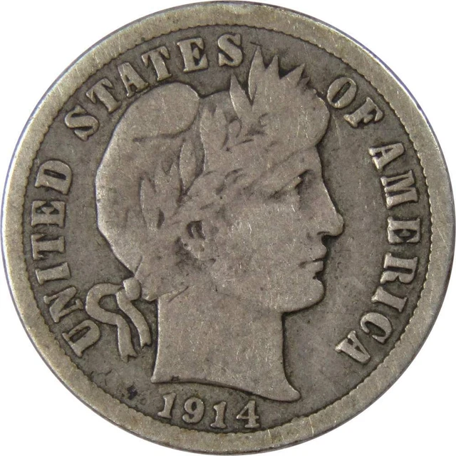 1914 Barber Dime VG Very Good 90% Silver 10c US Type Coin Collectible