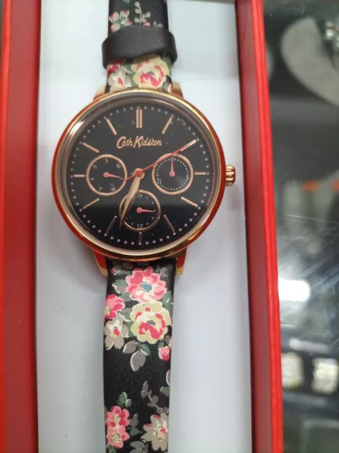 Cath Kidston Ladies Floral Watch Black Leather Strap New With Tags.