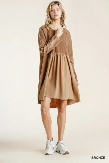 Umgee Bronze Mineral Washed French Terry Round Neck Dress with Pockets