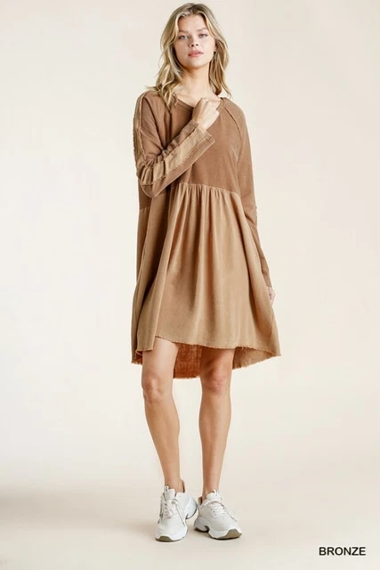 Umgee Bronze Mineral Washed French Terry Round Neck Dress with Pockets