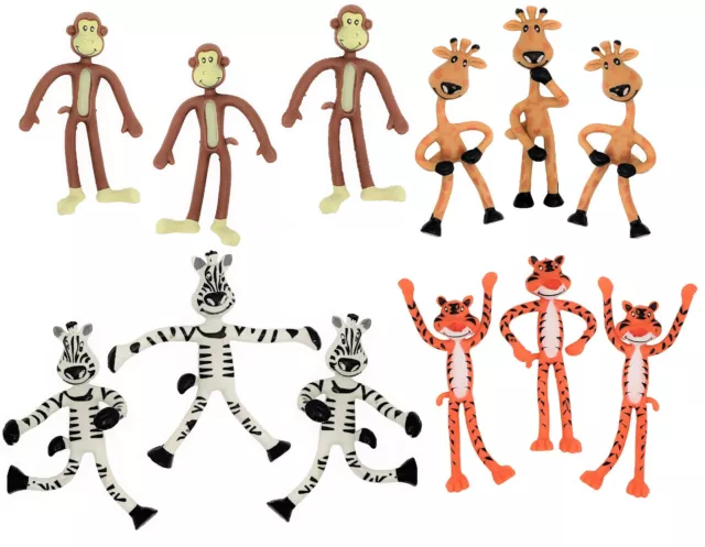 4 Inch Rubbery Bendable Jungle Safari Zoo Animals (12 Pack) Giraffe, Monkey,