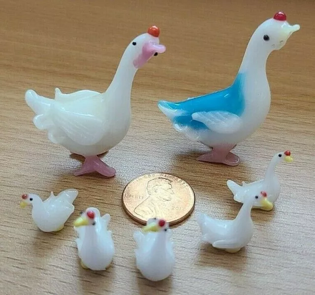 Vintage glass miniature swan bird duck family set 7 micro mini figurine lot #2