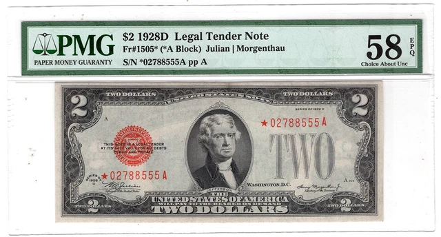 1928 D $2 Star ⭐ U.S. Note Legal Tender. Fr# 1505*.  PMG AU-58 EPQ Y00009826