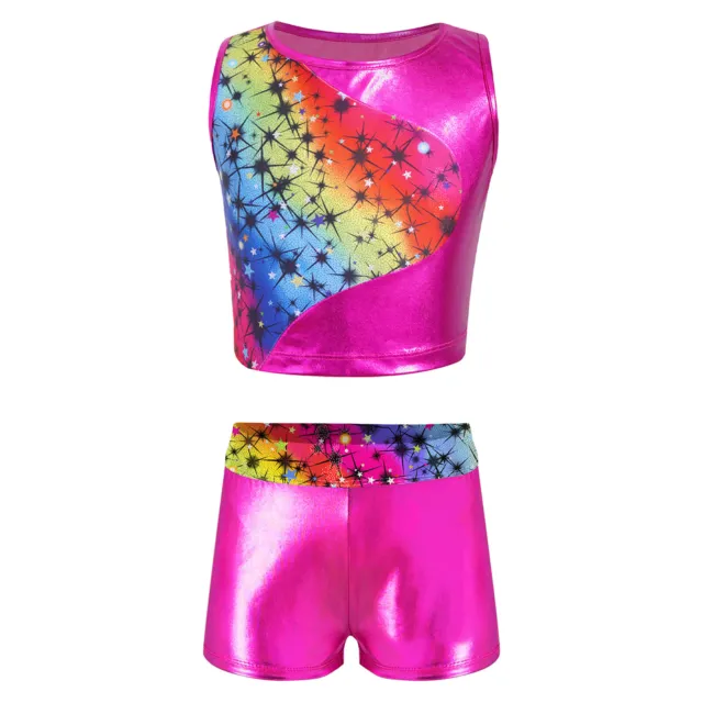 Kids Girls Outfit Dancewear Athletic Suit Exercising Shorts Set Gymnastic Top