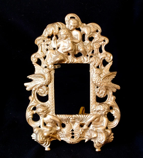 ANTIQUE CAST METAL Standing Picture Frame Gilt Finish Cherubs & Birds