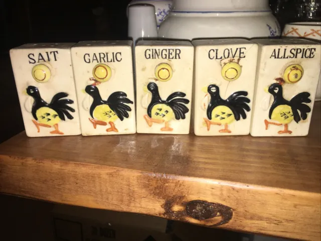 Vintage Rooster Spice Rack 5 Pieces 1950s
