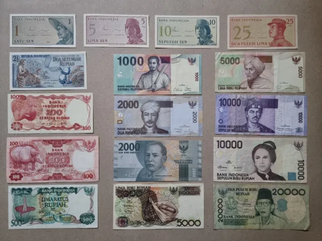 16 x INDONESIAN BANKNOTES 1 sen - 20000 Rupiah notes Indonesia collection