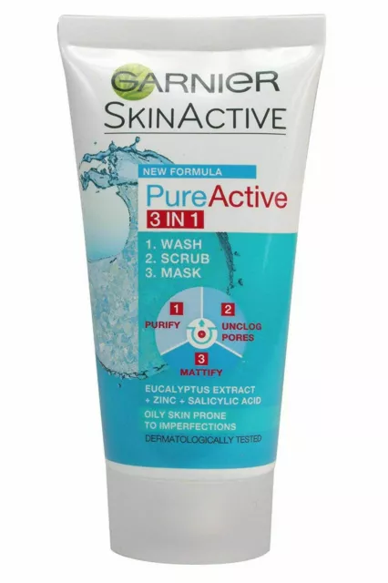 Garnier Pure Active 3 in 1 Wäsche + Peeling + Maske NEUE FORMEL 50ml