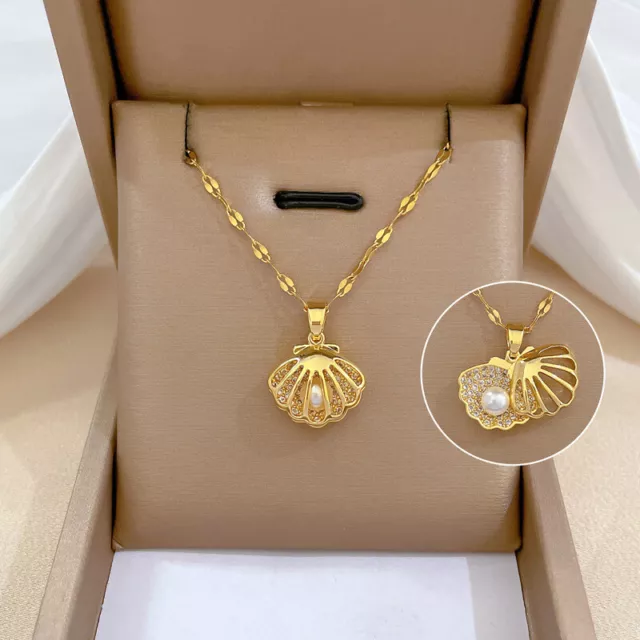 Fashion Gold Plated Shell Pearl Pendant Necklace Stainless Steel Women's Jewelry