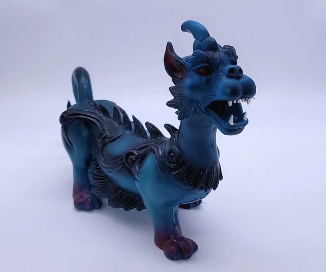 RARE Vtg Chinese Foo Lion Dragon Figure 13” Blue PVC Rubber Toy Hong Kong
