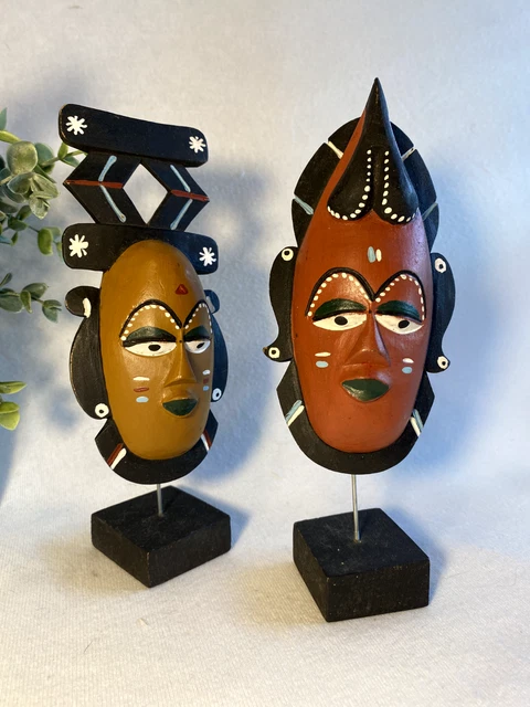 Old Guro Baule Yaure African Red and Yellow Mask Pair Balsa Mangotree Wood