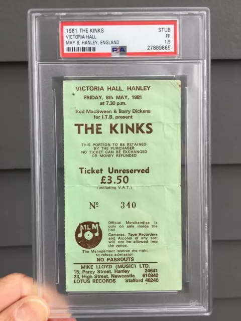 1981 Kinks Concert Billet Victoria Hall Hanley Angleterre PSA