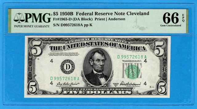 Fr. 1963-D 1950B $5 Federal Reserve Note Cleveland PMG Gem Uncirculated 66 EPQ