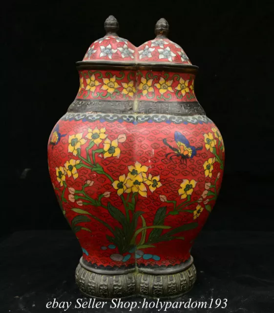 14" Marked Old Chinese Bronze Cloisonne Dynasty Flower Bird Bottle Vase