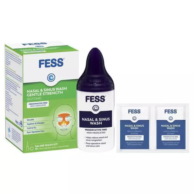 Fess Nasal & Sinus Wash Gentle Strength Isotonic Saline Wash Kit 60 Sachets