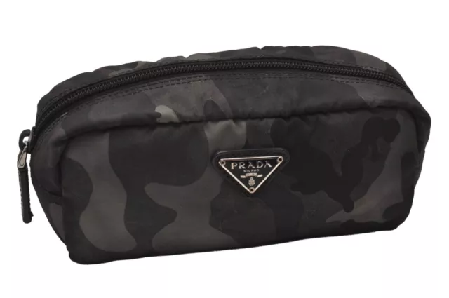 Authentic PRADA Camouflage Nylon Tessuto Saffiano Leather Pouch Black 8565I