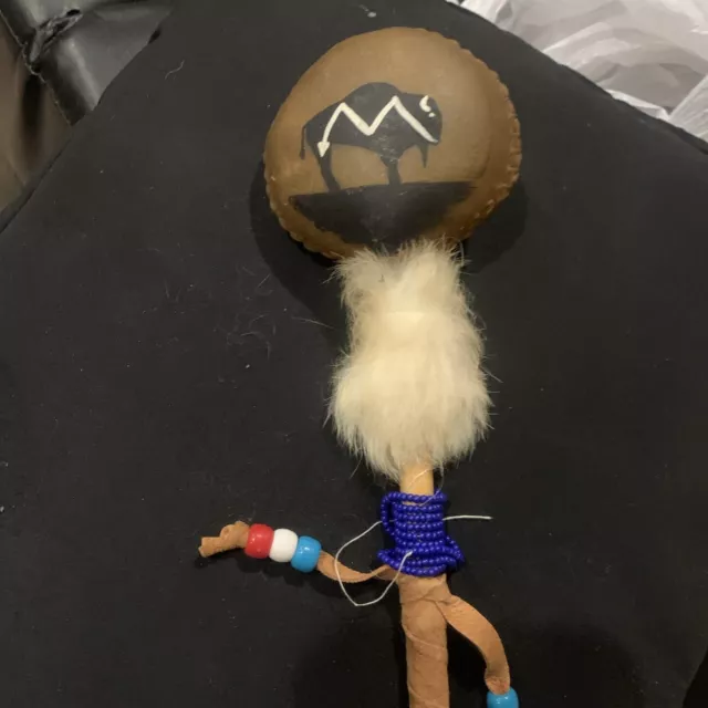 Navajo Ceremonial Rawhide Rattle with Buffalo 12” With Beads And Fur
