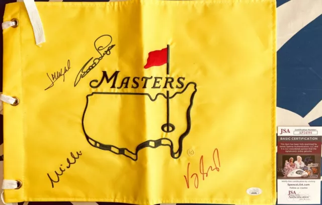 Bernhard Langer Vijay Singh Mike Weir Olazabal signed undated Masters flag (JSA)