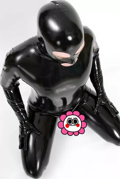 Latex Rubber Gummi Catsuit Kostüm Ganzanzug Schwarz Overall Zentai Hood XXS-XXL