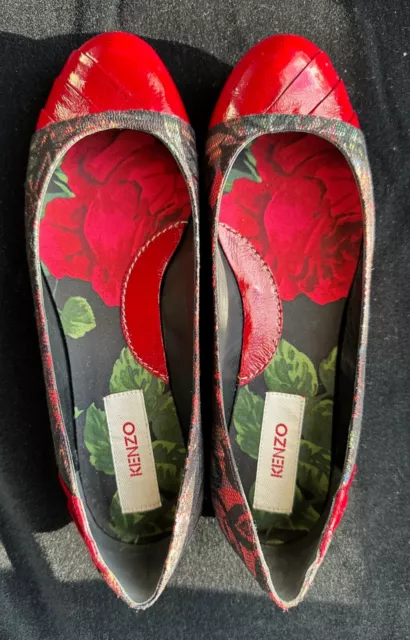 KENZO red flats w/ black lace & red patent leather size 37/US 7 NEW!