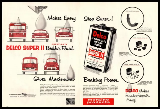 1955 Moraine Products Delco Hydraulic Brake Fluid Super 11 Can 2-Page Print Ad