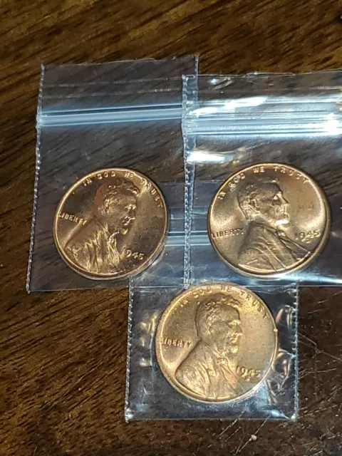 BU 1945 S 1945 D 1945 P Lincoln Wheat Cent 3 Brilliant Uncirculated Coins