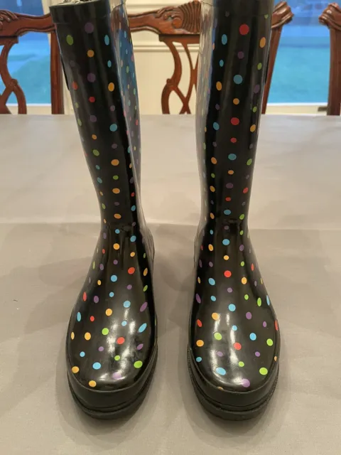 Western Chief Women's Rubber Rain Boots Black with Color Polka Dots Size 7 EUC