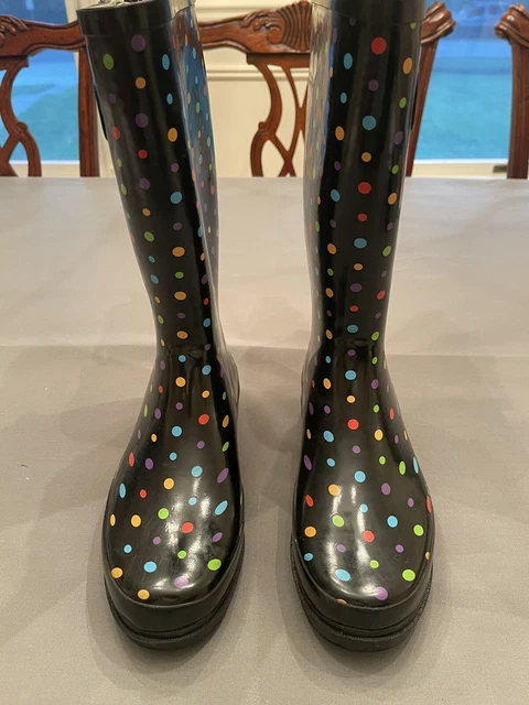 Western Chief Women's Rubber Rain Boots Black with Color Polka Dots Size 7 EUC