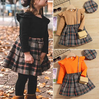 Toddler Baby Girls Pleated Skirt Tops Hat Outfit T-shirt Plaid Dress Clothes 3PC