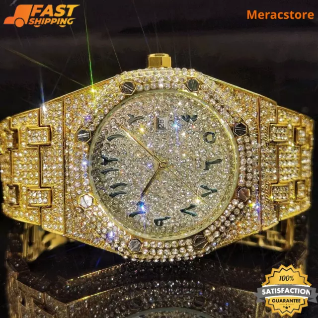 Hip Hop Luxus Ice Out Herrenuhr Iced Arabic Custom Bling Edelstahl Gold