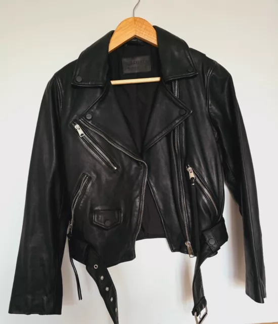 All Saints Griffen Black Leather Biker Jacket Size UK 10