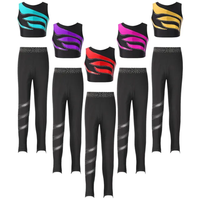 Kids Girl's T-shirt Tights Set Patchwork Dance Outfit Athletic Performance Mesh