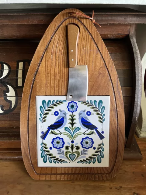 Vintage Wood BREAD CHEESE CUTTING BOARD Charcuterie Ceramic Blue Bird Tile Knife