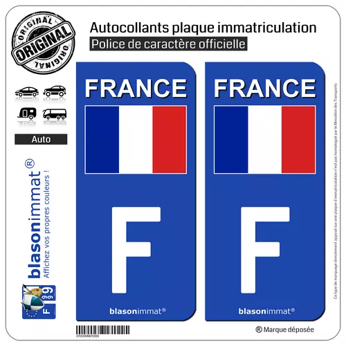 2 Stickers autocollant plaque immatriculation : F France - Drapeau (Côté droit)