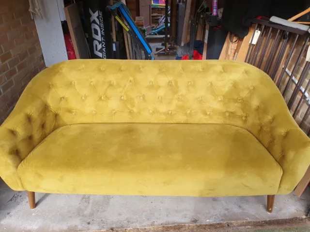 used sofa 3 seater, mustard color, Made brand, classic, good condition, velvet