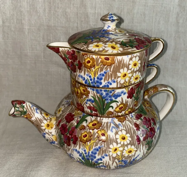 Royal Winton Grimwades Marguerite Chintz Mini Teapot Stacking W/Creamer & Sugar 3