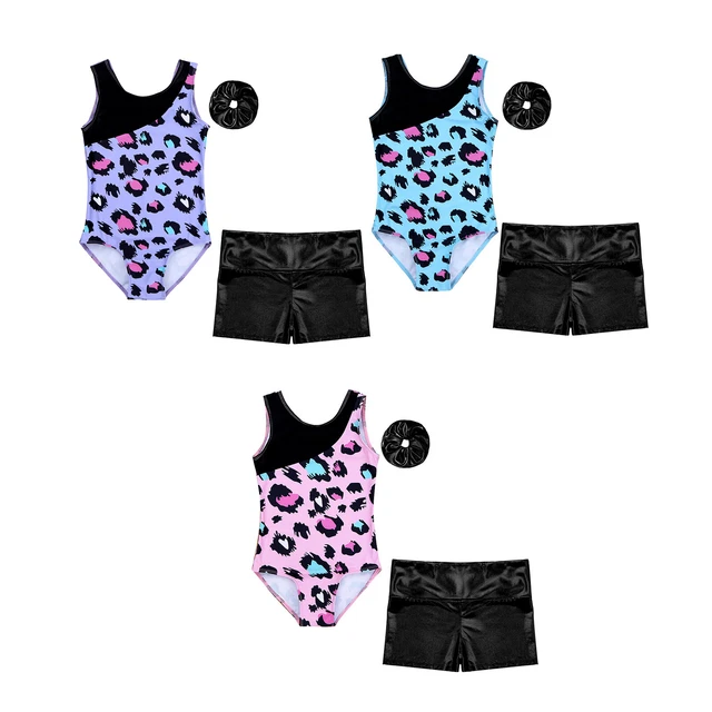 Kids Girls Gymnastics Competition Leotard With Shorts Printed Bodysuit Set Gym