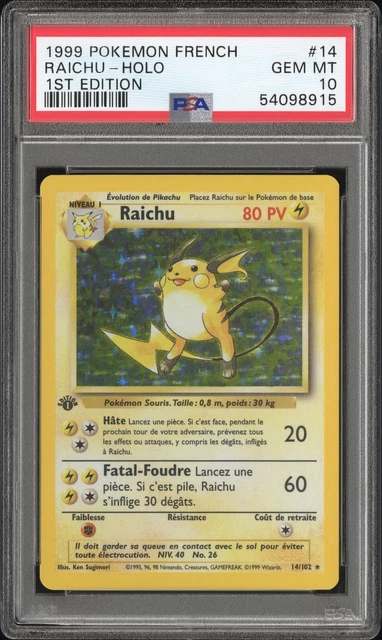 Pokemon Card Raichu Holographic 14/102 PSA 10 Base Set Edition 1 - FR