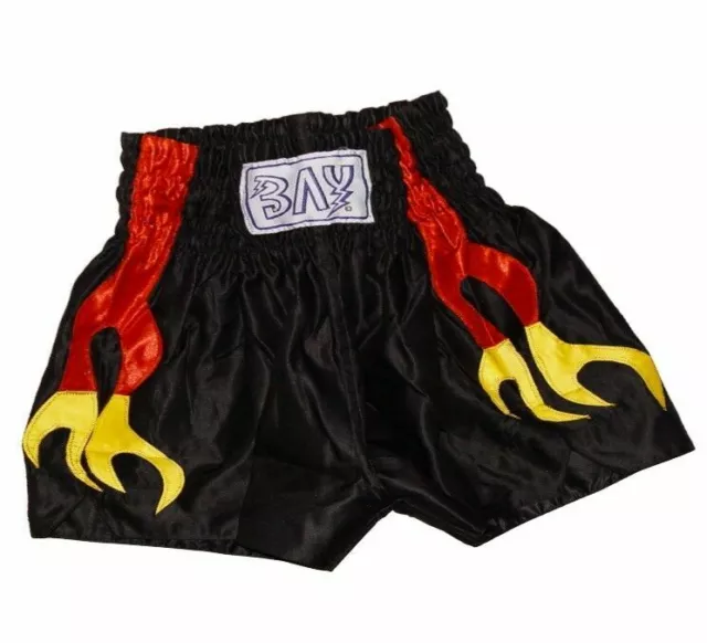 BAY® FLAME Muay Thai Box Hose Thaiboxen Thaiboxshorts schwarz Kickboxhose kurz