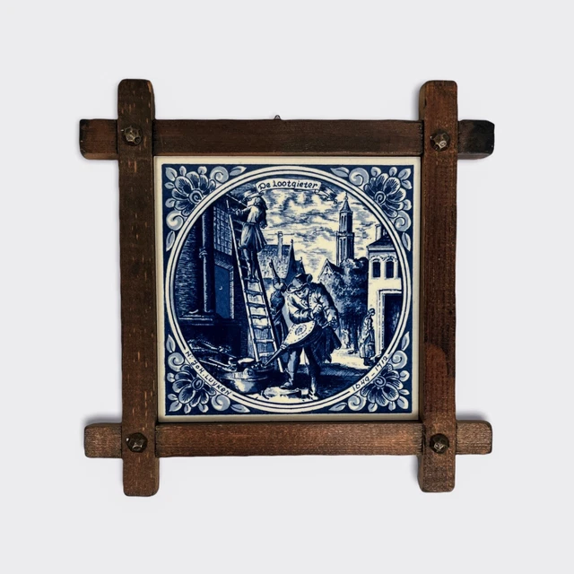 6" Delft Blue Porcelain Tile Hand Painted DE LOOTGIETER of 17th Century Etching