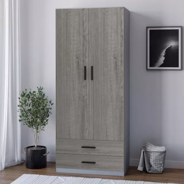 Grey Carcass + Ash Grey Drawers Tall Wooden 2 Door 2 Drawers Bedroom Wardrobe