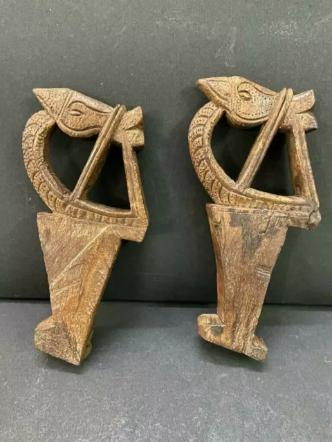 Old Vintage Rare Hand Carved Wooden 2 Pc Horse Face Shape Wall Hooks