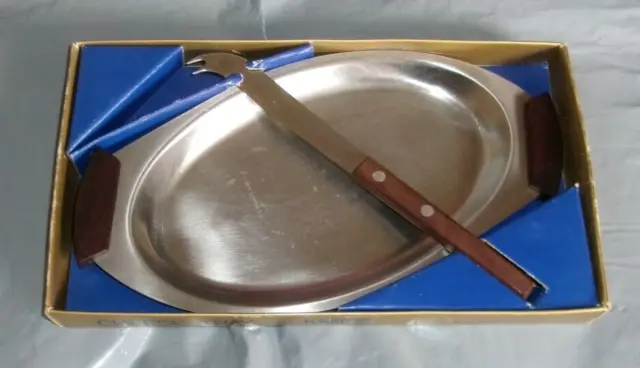 Vintage stainless steel wooden handles cheese tray and knife.    (LF)