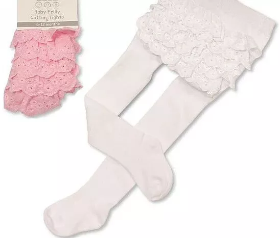 Baby Girl Lace Frilly Tights Broderie Anglaise White Pink Cream Nursery Time abg
