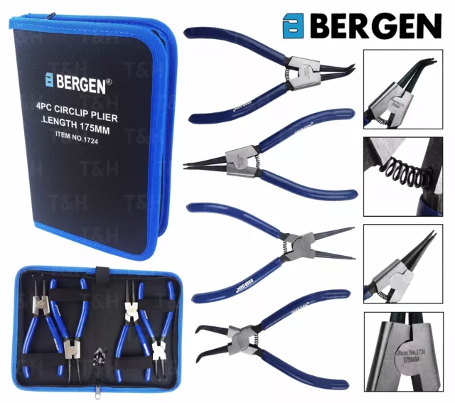 BERGEN 4 PC 7" Circlip Pliers Internal External Bent Nose Straight Tip Snap Ring