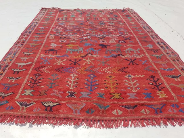 Fine Vintage Traditional Hand Made Oriental Wool Red Kilim Rug 126x97cm