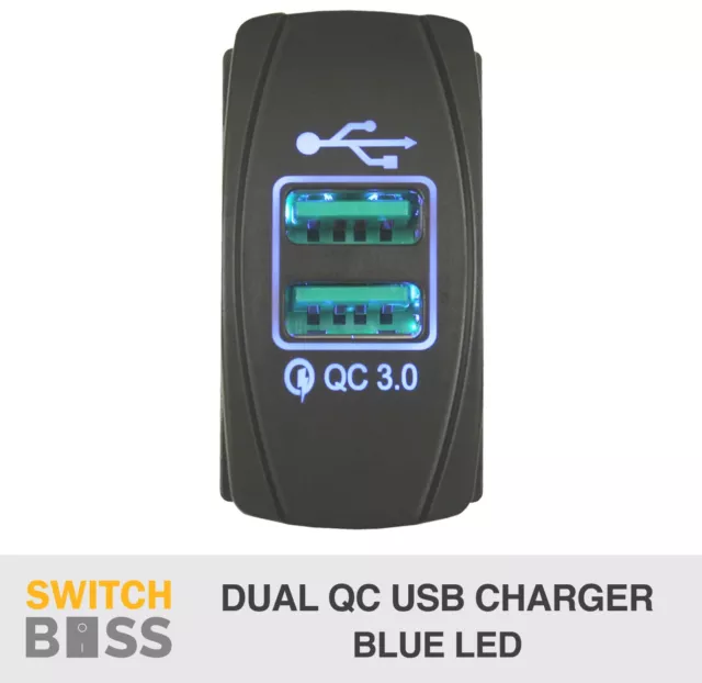 Dual QC USB Car Charger BLUE LED Rocker Switch Size - 4x4 Boat Caravan Marine