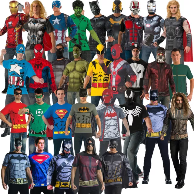 Licensed Adult Mens Superhero Costume Top T-Shirt Mask Cape Thor Batman Deadpool